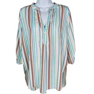 PP LA Clothing Top Women Size M V neck White Blue Red Stripes Roll Tab Sleeves